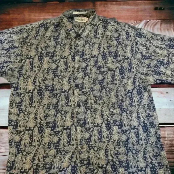 Savini Men’s 100% silk blue and white patterned button-up shirt. Size Medium - Picture 1 of 2